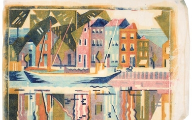 Edith Lawrence (1890-1973) ''Canal Middleburg, Zeeland'' Linocut, 27cm by 39cm...