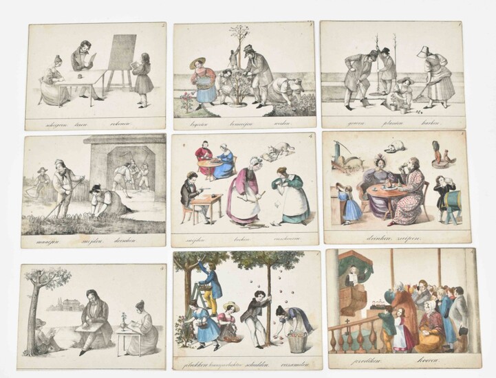 [Education] Collection of 15 (handcol.) lithographed illustrations of human actions