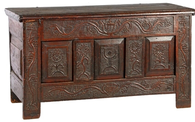 (-), Oak blanket chest with richly decorated front...