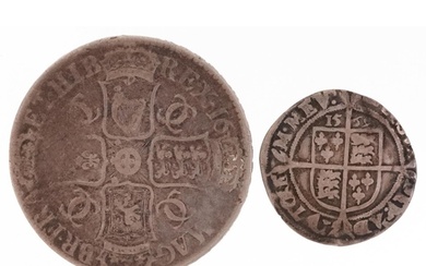 Elizabeth I 1569 hammered silver shilling and a Charles II s...