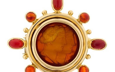 Elizabeth Locke 18K Yellow Gold Venetian Glass Mother of Pearl Carnelian Intaglio Brooch Pin