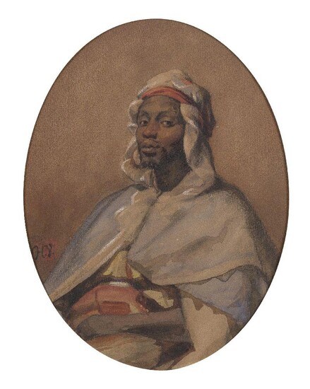 Ã‰mile Jean-Horace Vernet, French 1789-1863- Portrait of an Arab man, half-length, turned to the left; watercolour heightened with touches of white on paper, oval, signed with initials 'H.V.' (lower left), 23.6 x 18 cm. Provenance: The collection...