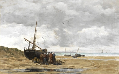 Emile VERNIER (1829-1887) élève de Théodore Rousseau et Eugène Cicéri. "Retour de Pêche à Wissant"...