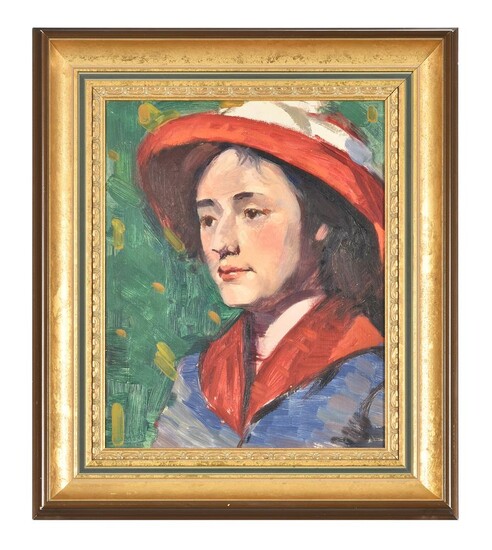 English School (20th century), Portrait of a lady wearing a red hat