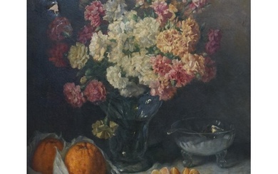 English School, oil on canvas, Still life of flowers and fru...