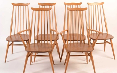 Ercol: a set of six light beech and elm 'Goldsmith Windsor' dining chairs.
