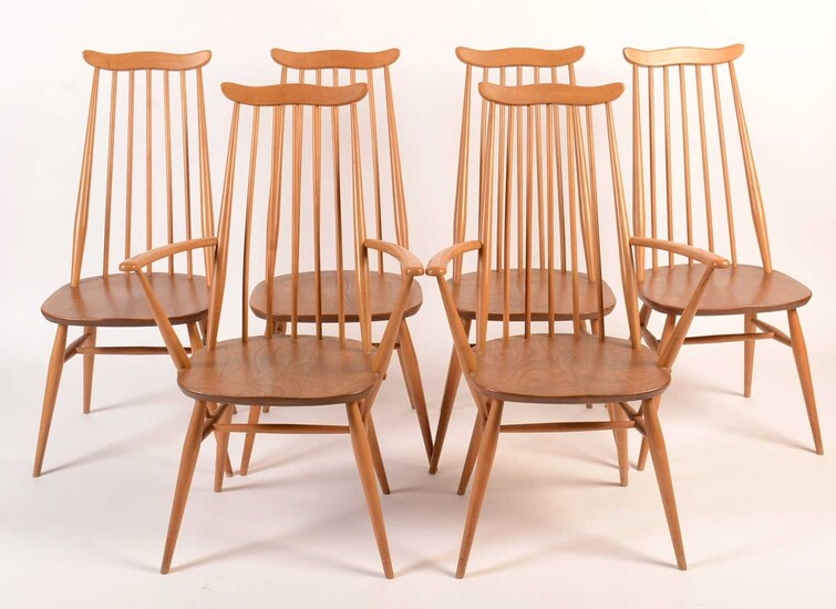 Ercol: a set of six light beech and elm 'Goldsmith Windsor' dining chairs.