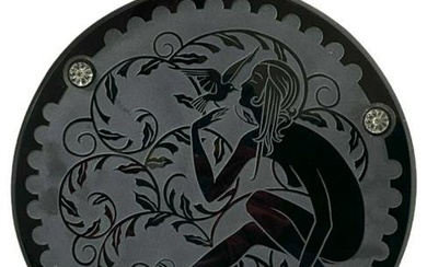 Etched Art Deco Black Glass Wall Plaque