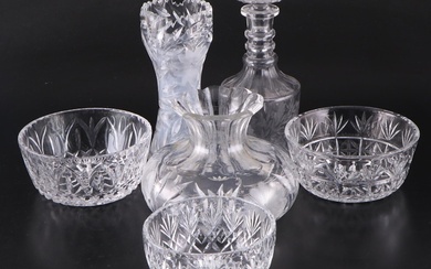 Etched Glass Floral Ring Neck Decanter with Other Cut Glass Vases and Bows