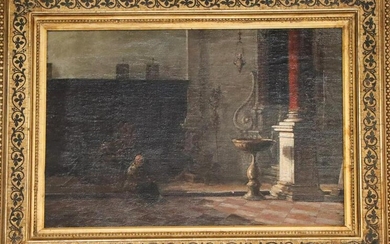 European Church Interior Scene Oil on Canvas