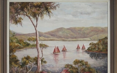 Evelyn Duggan, "Sailing At The River Mouth", oil on board, 48 x 58 x 3 (frame), signed lower right