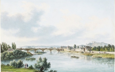 FÉLIX MARIE FERDINAND STORELLI | VIEW OF THE BRIDGE OVER THE SEINE AT NEUILLY, TAKEN FROM THE THE GARDENS OF THE DUC D'ORLÉANS