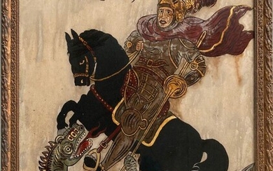 FIXE SOUS VERRE représentant un cavalier terrassant un dragon, inscriptions arabes en haut à gauche...