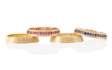 FOUR 14K GOLD AND GEM-SET RINGS