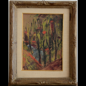 Firma indecifrata "Paesaggio con alberi" olio su carta (cm 38.5x30.5) Firmato in basso a sinistra. In cornice