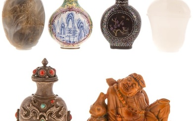 Five Chinese Snuff Bottles & Stone Figurine