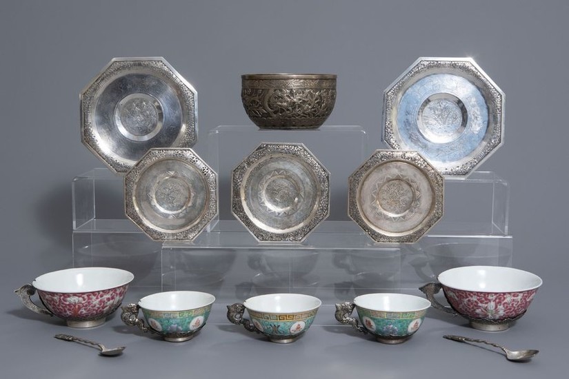 Five Chinese famille rose and silver cups and...