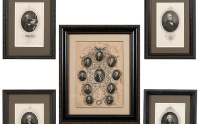 Five Framed Engravings of The US Presidents America, Mid-19th century,...