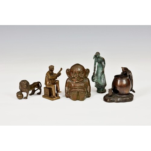 Five bronze figurines, comprising a heavy Billiken imp figur...