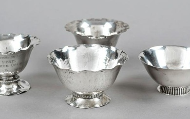 Four round bowls, Sweden, 20th century, silver 830/000, 3x with wavy rim, partly with hammered