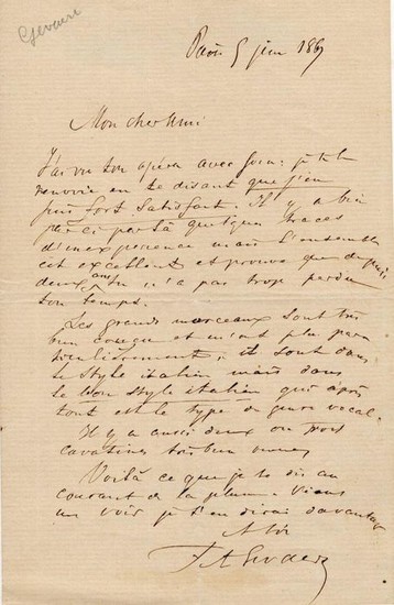 François-Auguste Gevaert Composer - Autograph; Letter with Comments on a Opera and "Good Italian Style", from Paris - 1867
