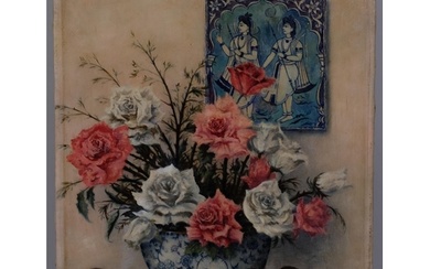 Frank Potter, still life roses and Persian tile, oil on canv...