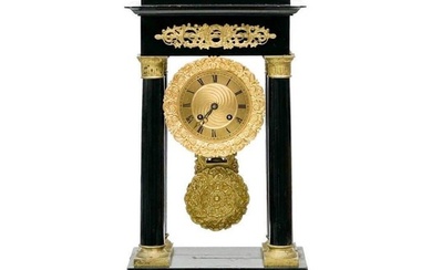 French Gilt Bronze Mounted & Black Wood Portico Mantel Clock 1st half 20th cen
