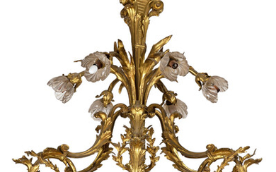 French Rocco Gilt Bronze Rock Crystal Chandelier