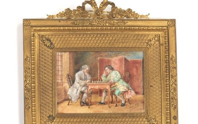 French d'Ore Bronze Framed Miniature Painting of Chess Players