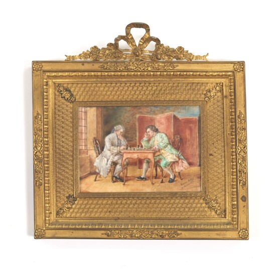 French d'Ore Bronze Framed Miniature Painting of Chess Players