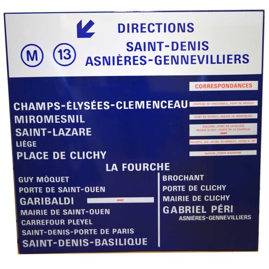 French railway station enamel sign, 'M13 Directions Saint-Denis Asnieres-Gennevilliers'