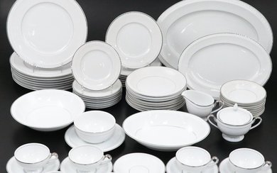 Fukagawa Arita Ribbed Porcelain Dinnerware with Silver Toned Trim