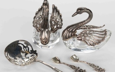GERMAN FIGURAL SWAN STERLING SILVER AND GLASS OPEN SALTS, PAIR
