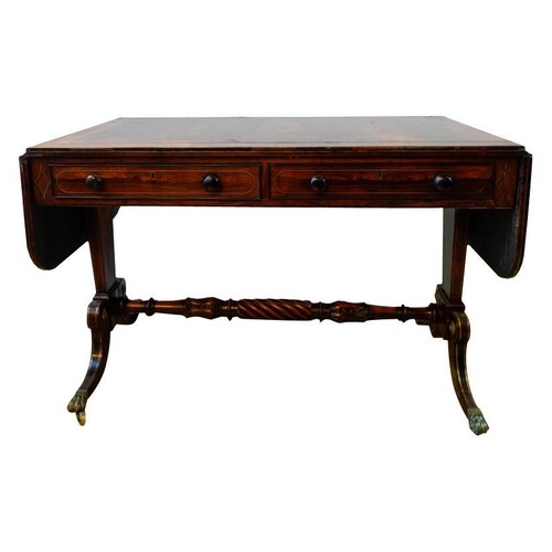 GOOD REGENCY ROSEWOOD AND BRASS INLAID SOFA TABLE CIRCA 1820...