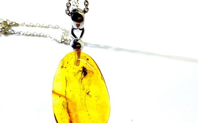 Genuine Baltic Amber with flies inclusions Pendant & Necklace in sterling silver - Fossil cabochon - Succinite