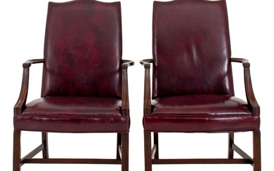 George II Style Tall Back Library Armchairs, Pair
