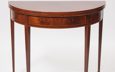 George III Style Satinwood Strung Flame Mahogany Demi-Lune Folding Card Table, 20th century