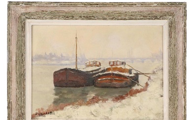 Georges Lattès Oil Painting of Winter Scene with Two Barges on the Seine, 1935
