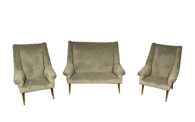 Gio Ponti Style, Mid-Century Modern, Sofa, Lounge Chairs, Grey Velvet, Italy
