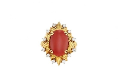 Gold, Oxblood Coral and Diamond Ring