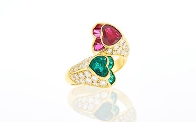 Gold, Ruby, Emerald and Diamond Heart Crossover Ring