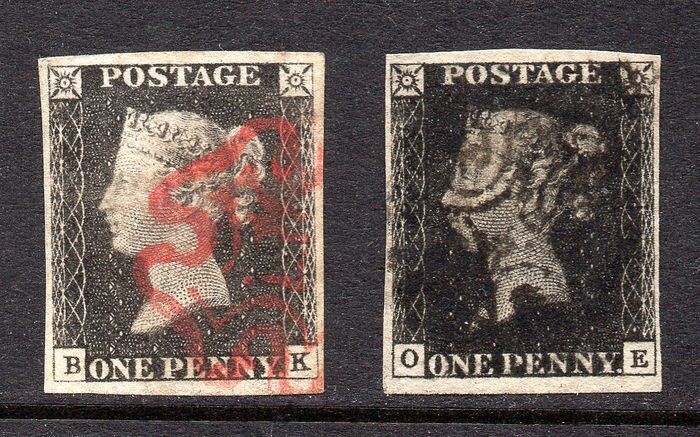 Great Britain 1840 - QV 1d Black Plate 3 with Aberdeen Ruby MX and 1d Black Plate 10 with Manchester Fishtail Cancels - Stanley Gibbons SG2
