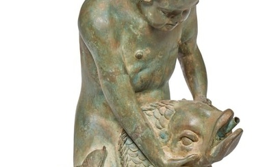 Green Patinated Bronze Fountain Figure, 20th c., H.- 32 in., W.- 18 in., D.- 18 in.