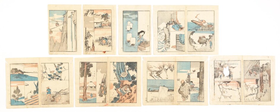 Group of Eight Japanese Woodblock Print Book Pages FR3SHLM