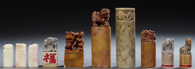 Group of Ten Chinese Carved Soapstone and Marble Chops
