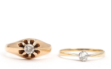 Guldsmed Surel a.o.: Two diamond rings each set with a brilliant-cut diamond, mounted in 14k gold. Size 53–55. (2)