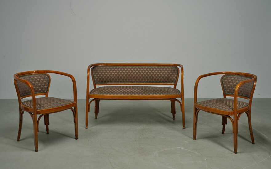 Gustav Siegel, two armchairs and a settee, model number: 715, designed in 1899, produced since 1899, addeed to the catalogue in 1902, executed by Jacob & Josef Kohn, Vienna