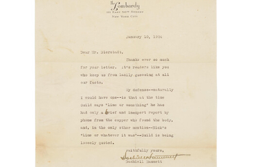 HAMMETT RESPONDS TO A FAN'S NOTE ABOUT THE THIN MAN. HAMMETT, DASHIELL. 18914-1961. Typed Letter Signed (Dashiell Hammett), 1 p, 4to, New York City, January 10, 1924 (but 1934)