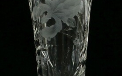 HAWKES ENGRAVED GLASS AND STERLING "ORCHID" VASE C 1920, H 14.5"