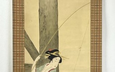 Hanging scroll painting with ceramic roller ends and Box - Couple fishing and drinking sake - ca - After Kitagawa Utamaro (1753-1806) - Japan (No Reserve Price)